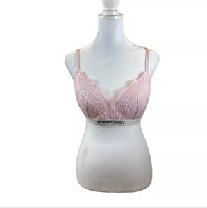 Victorias Secret 38D Lined No Wire Bra Pink Crotchet Floral Lace Wireless #0836